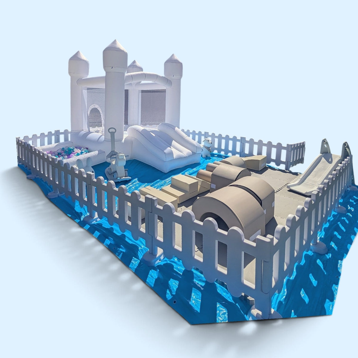 Rental - white bounce house combo with white fences (set D)