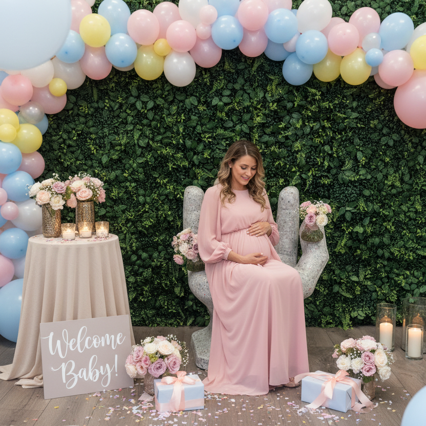 Baby shower with pregnant woman in modest clothing on granite hand chair