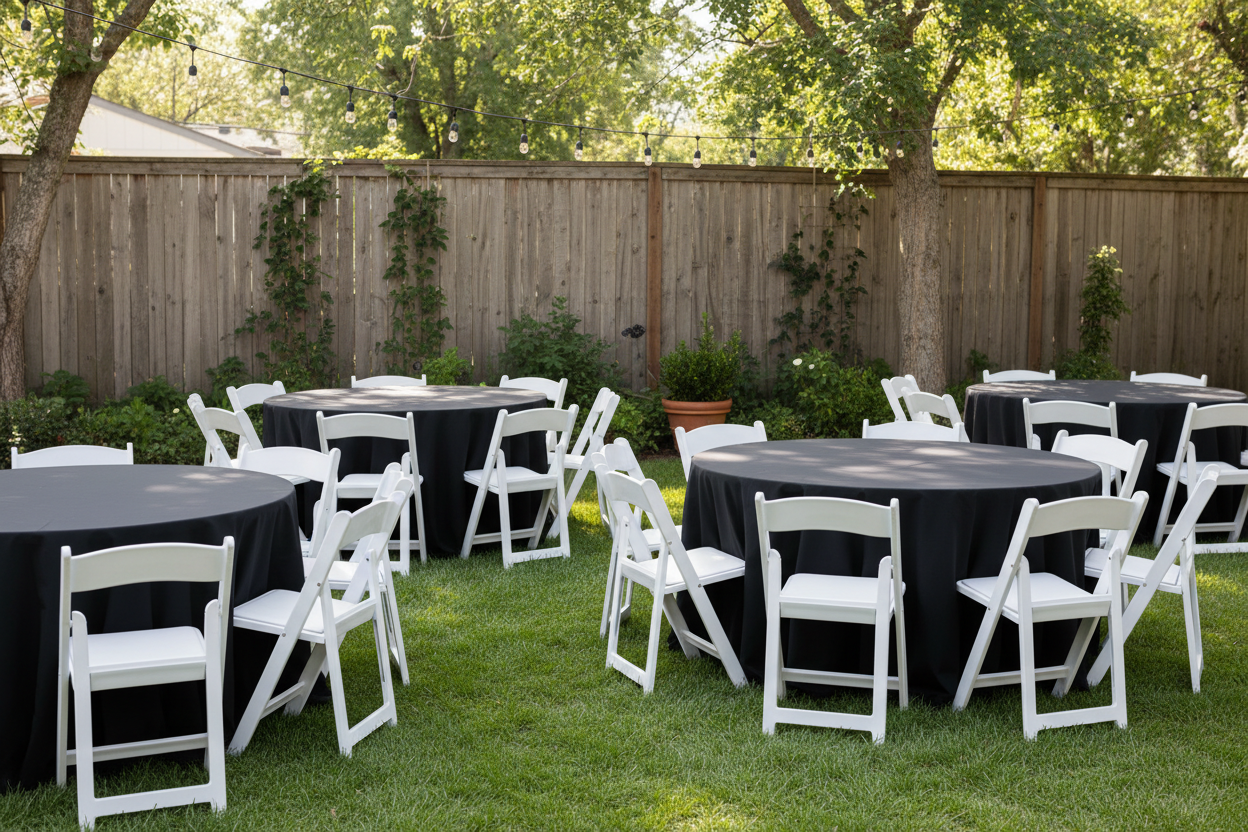 Backyard Table & Chair Setup with Black Tablecloths