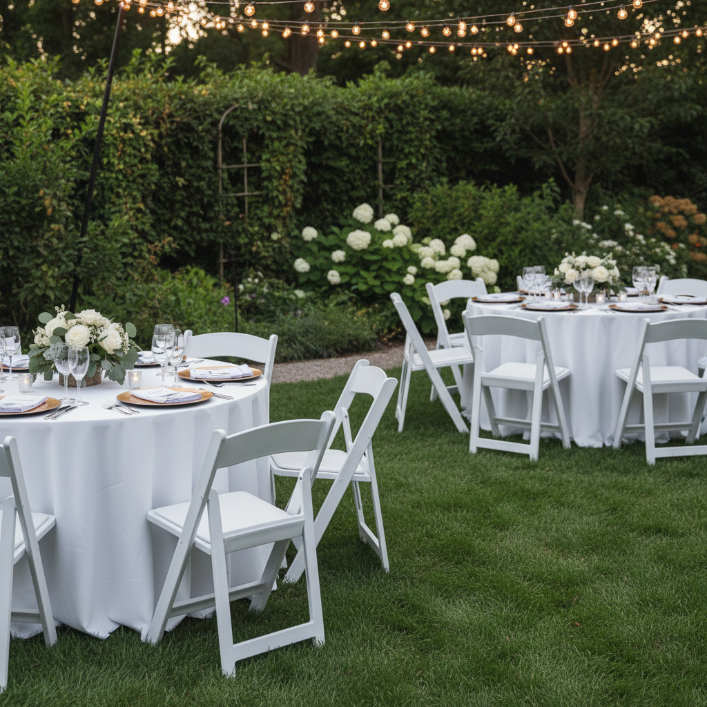 Chairs at outdoor garden wedding reception