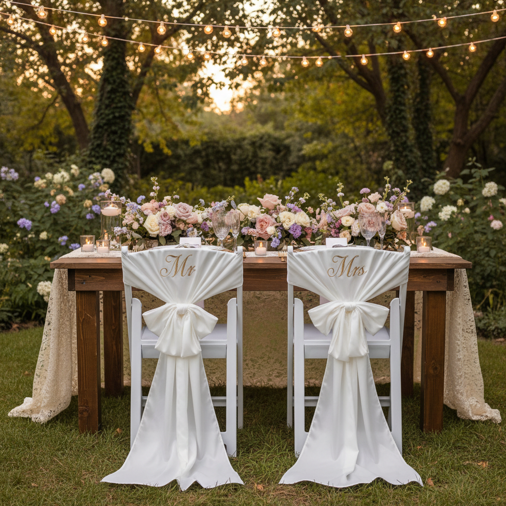 Chairs with sashes at garden wedding