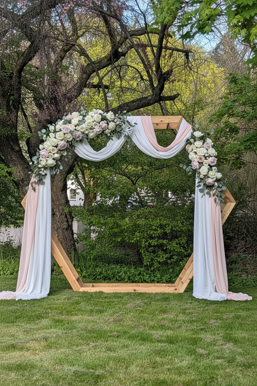 Hexagon Wedding Arch with Drapery and Flowers