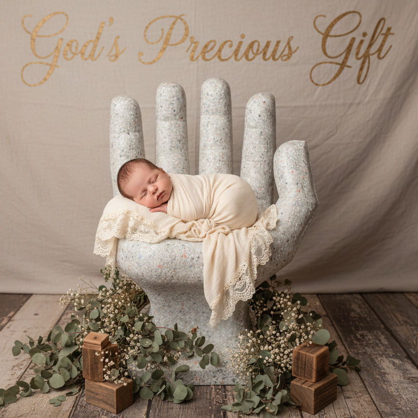 Infant photoshoot with God's Precious Gift backdrop - variation 4