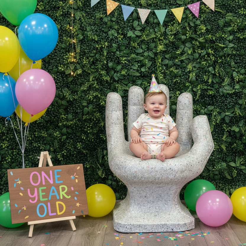 Milestone baby photoshoot with granite hand chair
