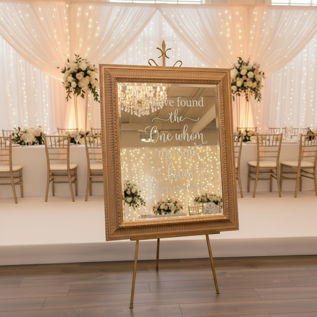 Mirror in real wedding venue on gold easel